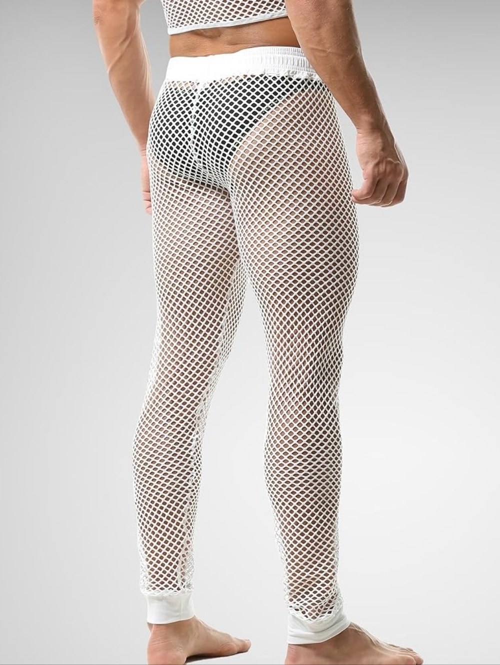 Men’s Mesh Fishnet Pants See Through with Adjustable Waistband, White XXL - Picture 3 of 13